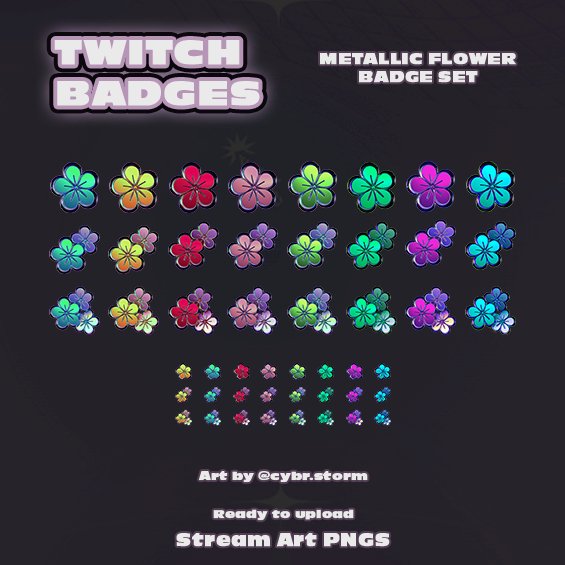 Metallic Flower Twitch Badges | Discord Icons | Emotes - (24) Stream Badge Pack - StormCapsule