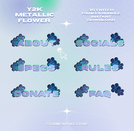 Y2K 3D Text Metallic Flower Twitch Panels Bundles - Dark & Light Mode Ready! - StormCapsule